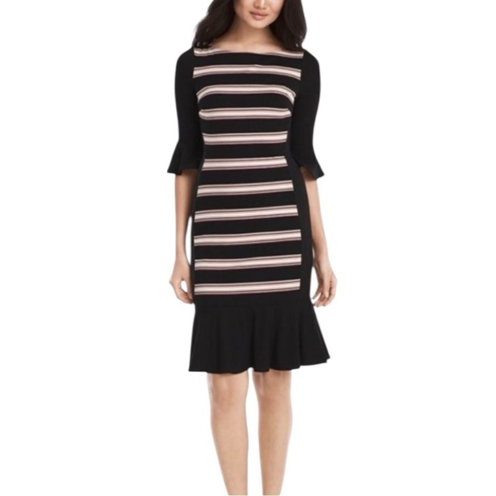 WHBM NWT Black, White, and Mauve Striped Dress with Flared Sleeves and Hem size4